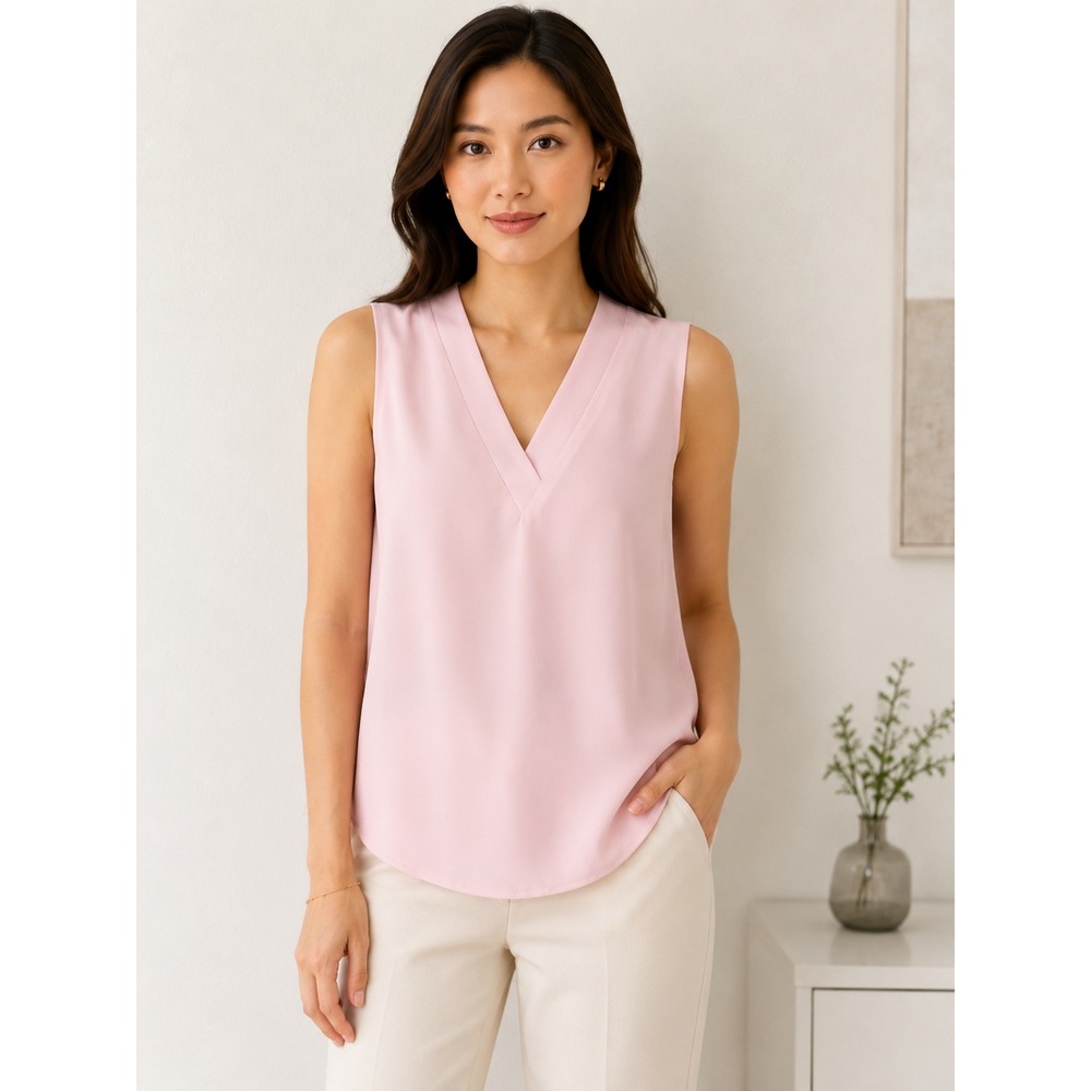 Misook Pink Sleeveless V-Neck‎ Blouse Pleated Trim Top XS RN 73924